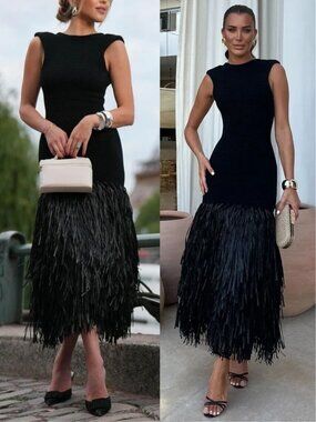 Aje Rushes Raffia Midi Dress Black Ribbed Knit Fringe Size M